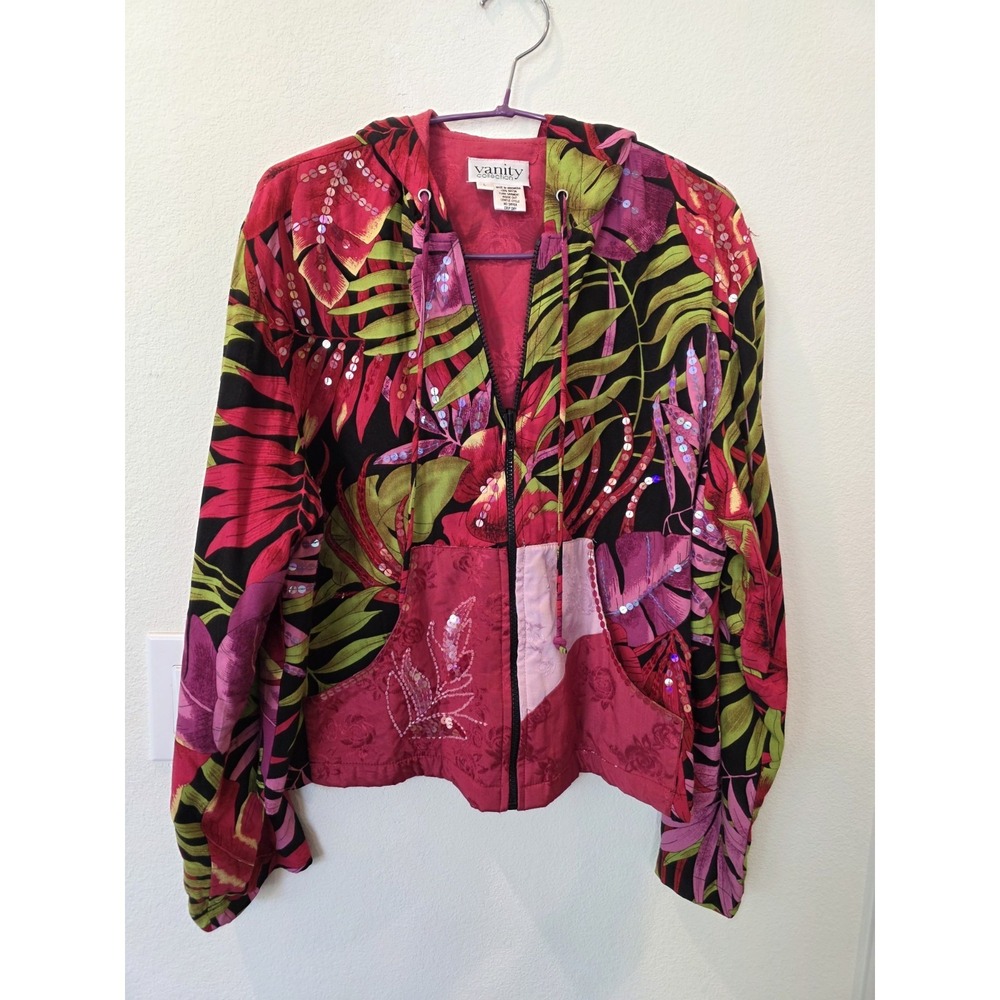 VTG Vanity Collection Women Sz‎ L Zip PinkRed HoodieJacket TropicalVacay Sequins
